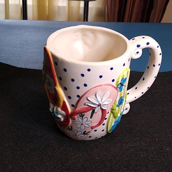 Flip Flop Sandals Stoneware Mug Blue Polk a dots/Flowers Cottagecore - Picture 1 of 7